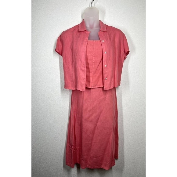120% Lino 3 Piece Linen Set Top Tank Skirt 46/48 Pink Midi Vintage Embroidered - Picture 1 of 16